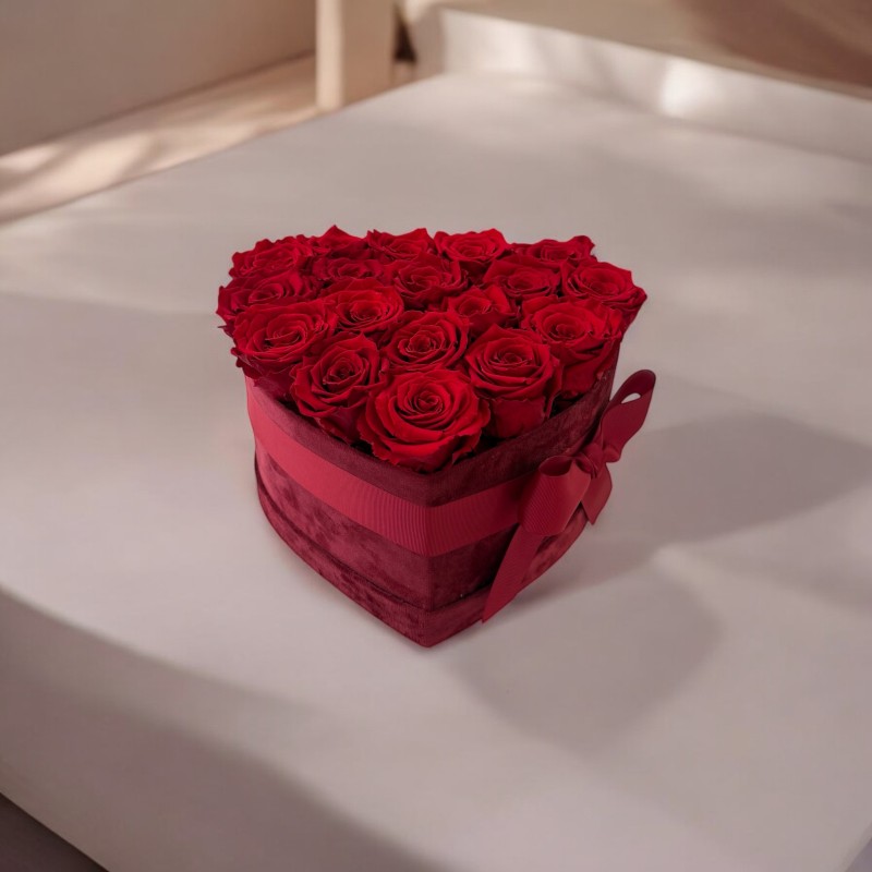 Burgundy Velvet Heart Box with preserved natural red roses