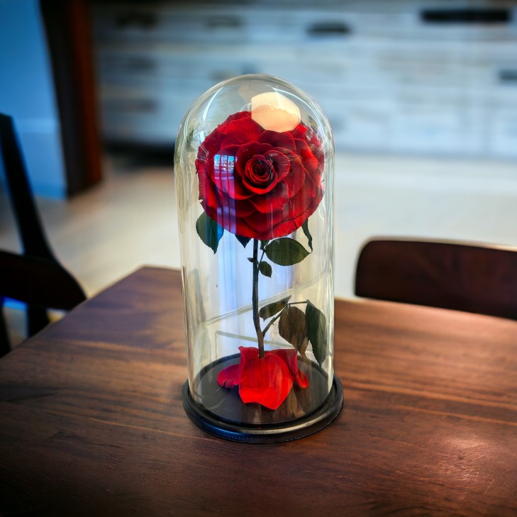 copy of Belle - Glass Dome with stemmed red roses