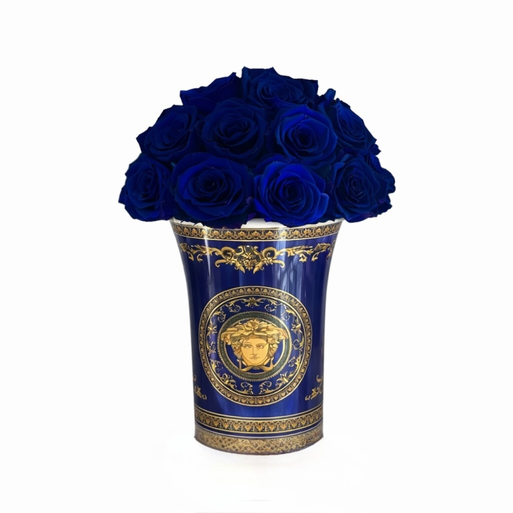 Medusa Blue Vase 01 - Versace Home Gold/Blue Ceramic Vase - blue/white roses
