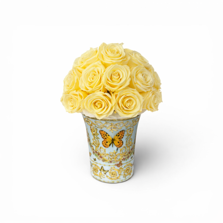 Le Jardin de Versace Vase 01 - Versace Home Gold/Sky Blue Ceramic Vase - cream colored roses