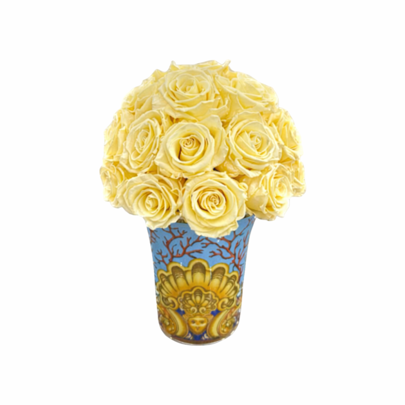 Les Tresors de la Mere Vase 01 - Versace Home Gold/Sky Blue Ceramic Vase - red/cream colored roses