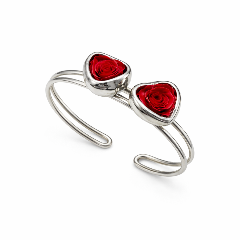 Silver Bypass Bracelet - Heart with preserved natural roses