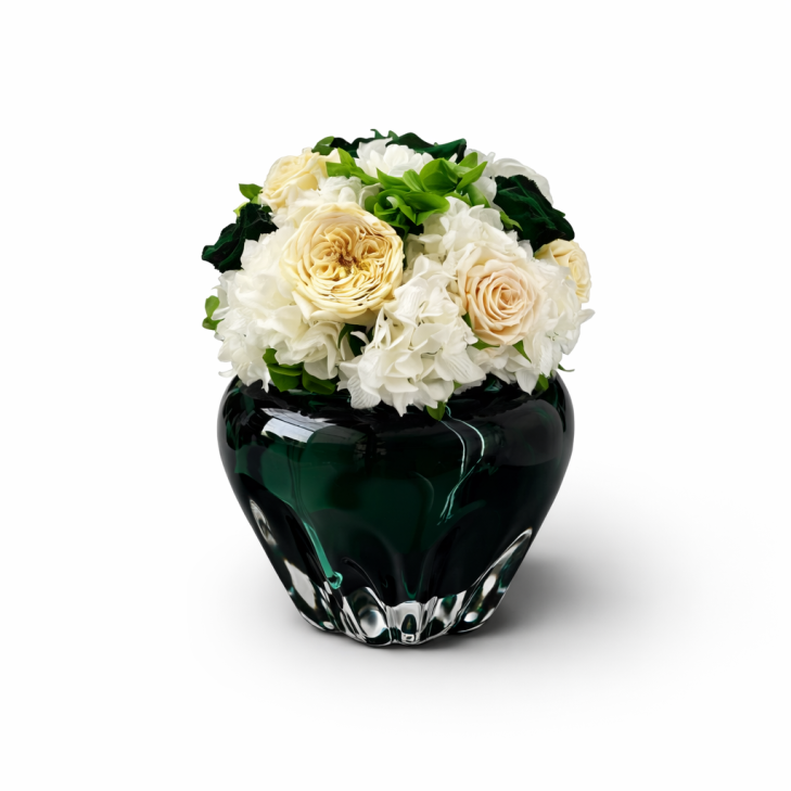 Petite Meduse Verte - Vintage - Green Glass Vase with green, cream-colored, white flowers