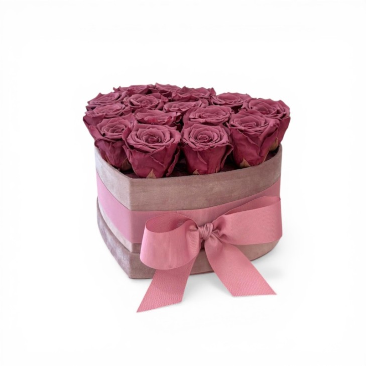 copy of Burgundy Velvet Heart Box with preserved natural red roses