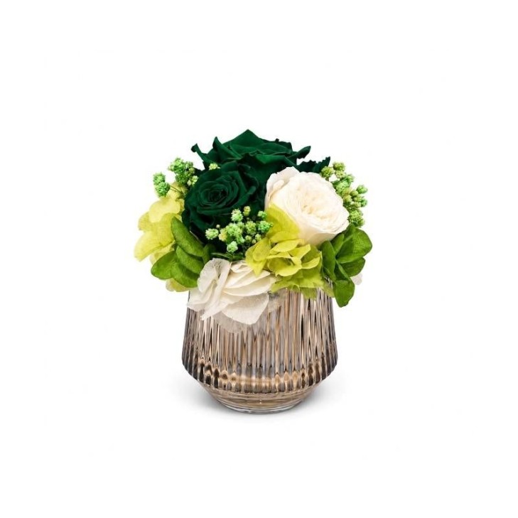 Petit Vase Vert - Vintage - Green Glass Vase with green, cream-colored, white flowers