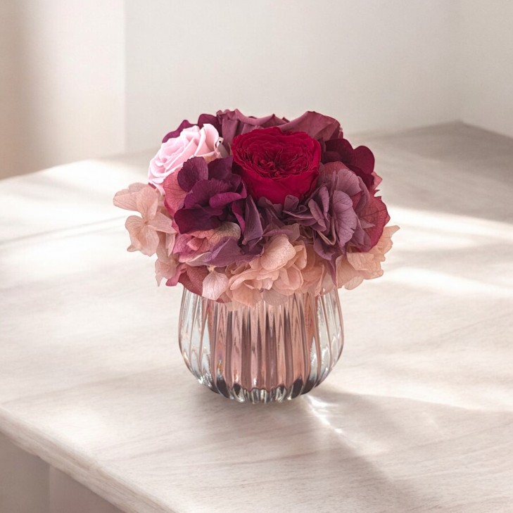 Petit Vase Rouge - Vintage - Red Glass Vase with burgundy, pink, white flowers