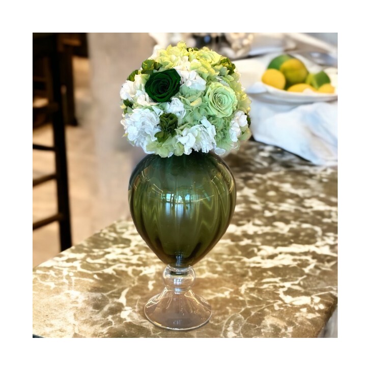 Amphora Verte - Vintage - Green Glass Vase with green, cream-colored, white flowers