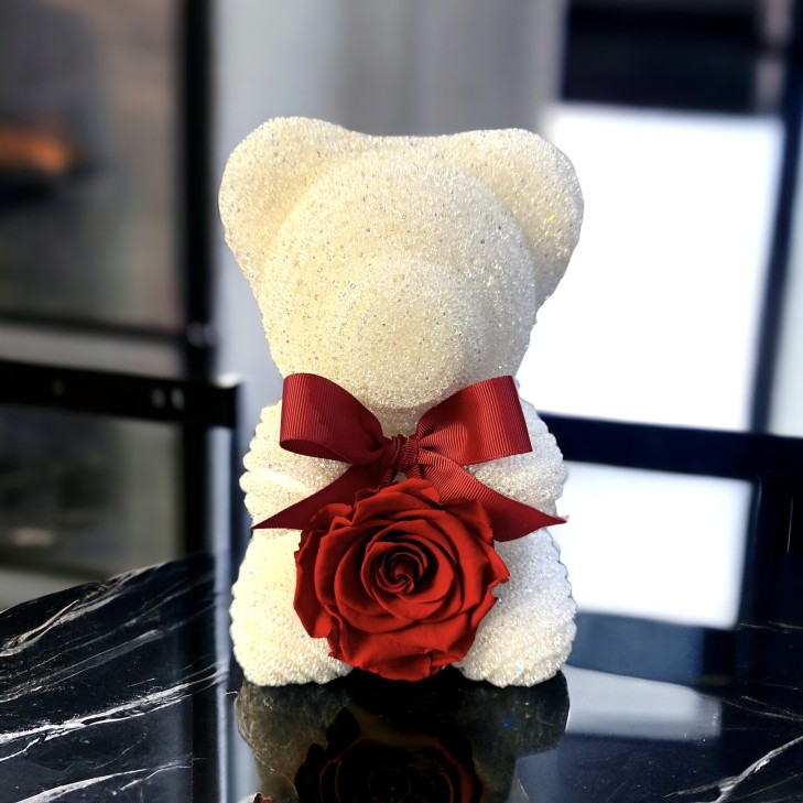 White Pearl Teddy Bear - Red Rose