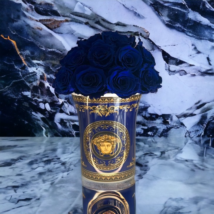 Medusa Blue Vase 01 - Versace Home Gold/Blue Ceramic Vase - blue/white roses