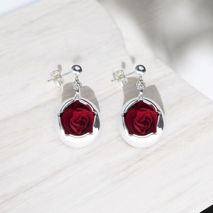 Drop earrings - Moon with preserved natural roses
