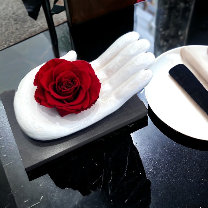 For You - White ceramic hand with red rose
