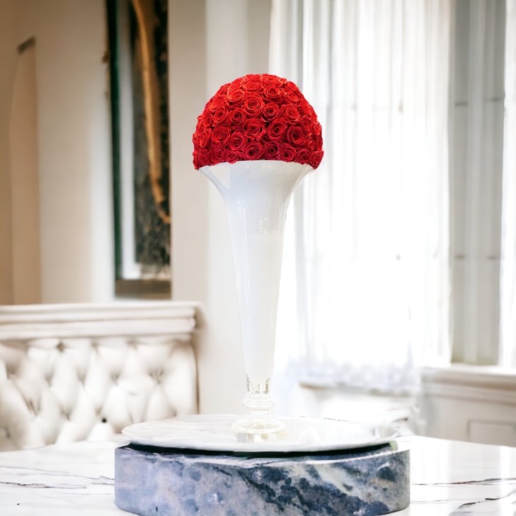 White Elevated Bowl - red roses hemisphere