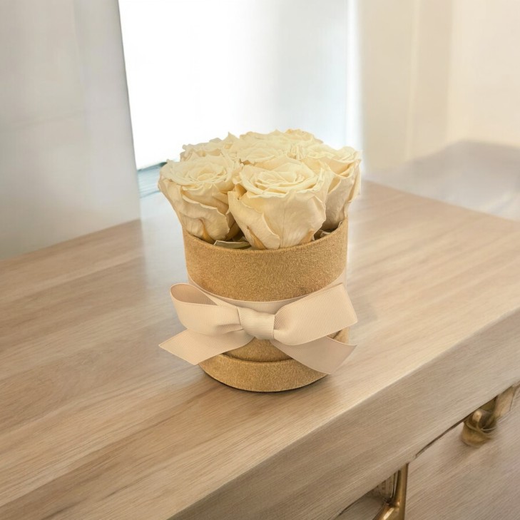 Honey-colored Velvet Hatbox with preserved natural cream-colored roses