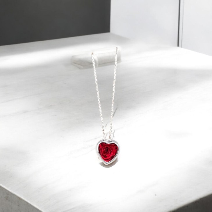 Silver Necklace - Heart with preserved natural rose