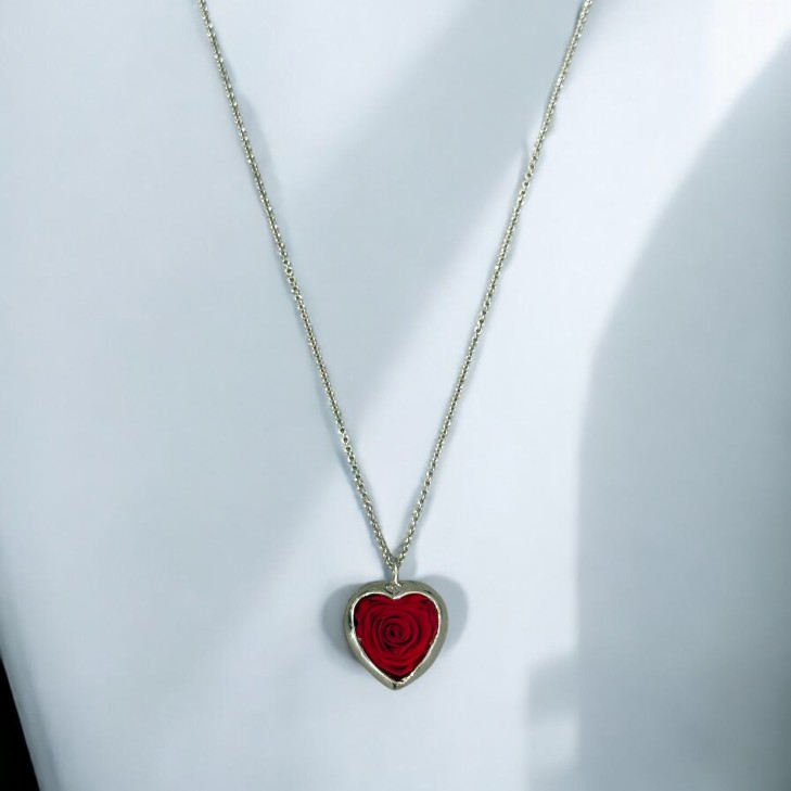 Silver Necklace - Heart with preserved natural rose