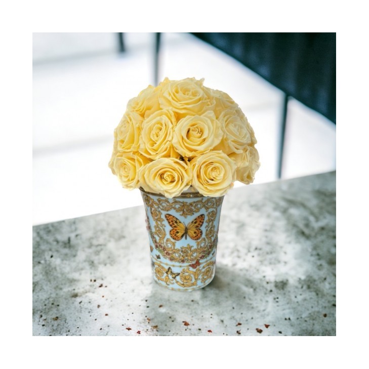 Le Jardin de Versace Vase 01 - Versace Home Gold/Sky Blue Ceramic Vase - cream colored roses