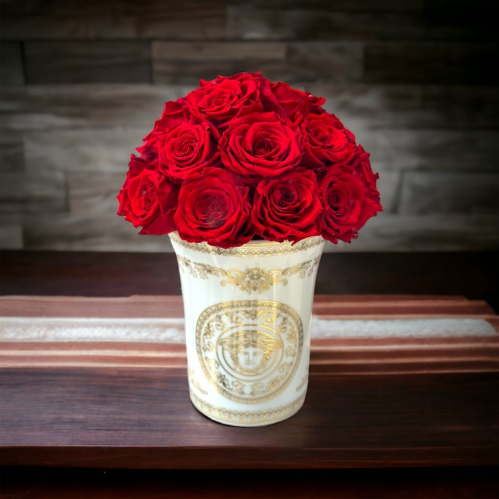 Medusa Gala Vase 01 - Versace Home Gold/White Ceramic Vase - red/white roses