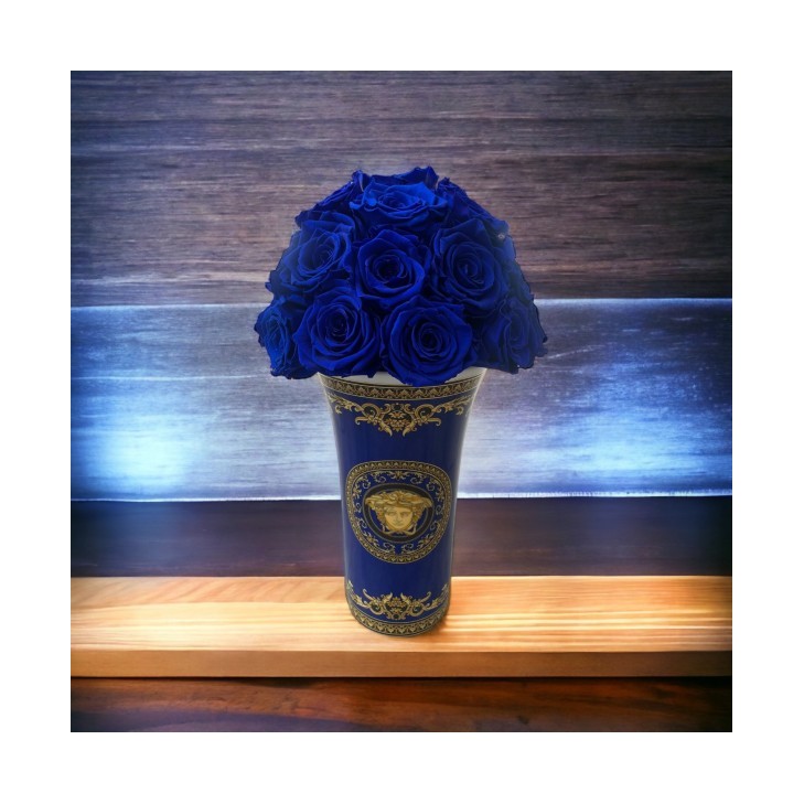 Medusa Blue Vase 02 - Versace Home Gold/Blue Ceramic Vase - blue/white roses