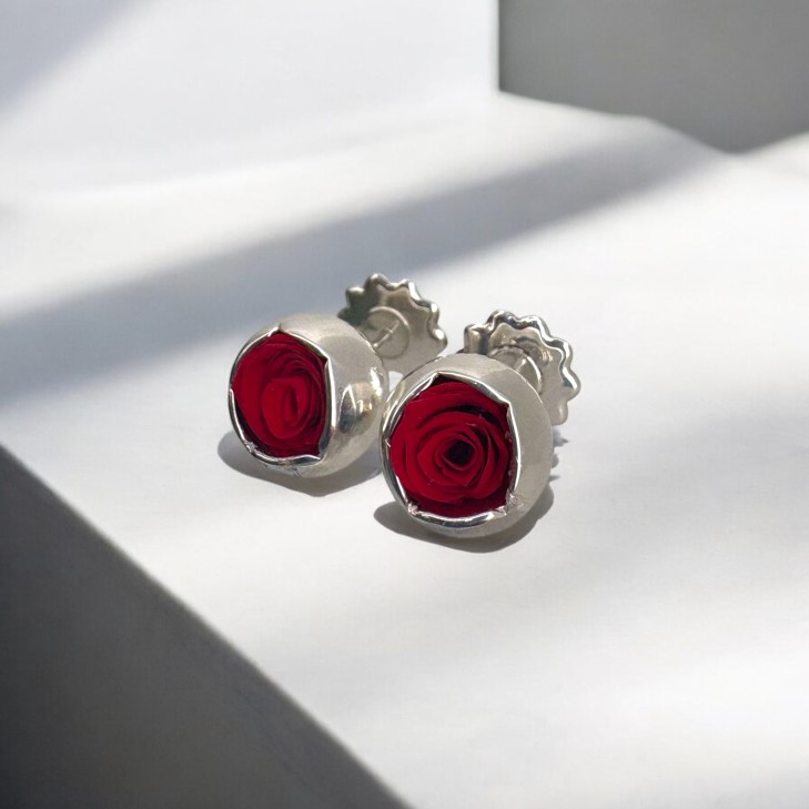 Stud earrings - Moon with preserved natural roses