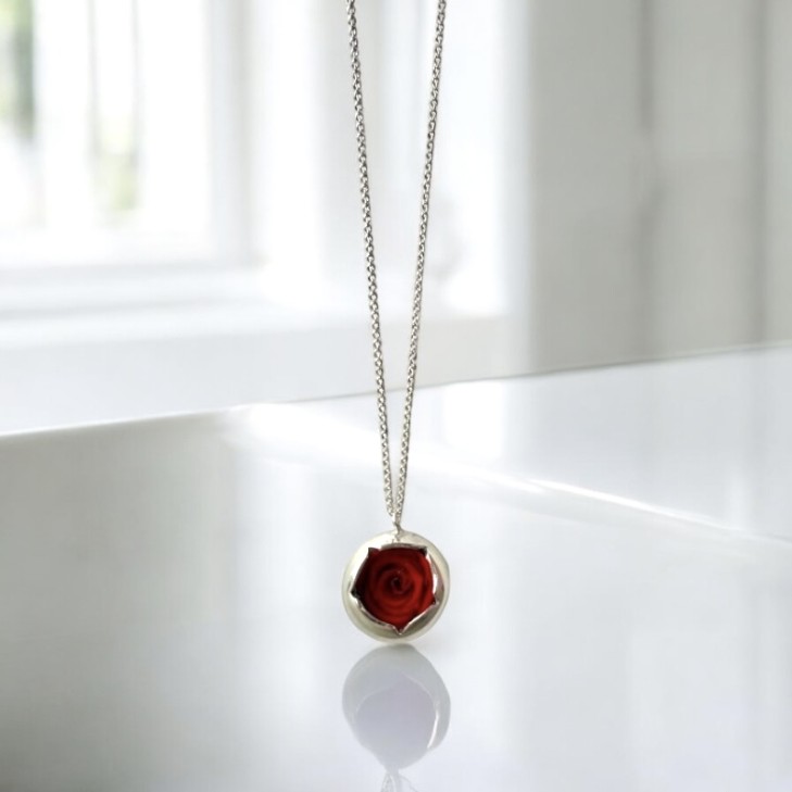 Silver Necklace - Moon with preserved natural rose