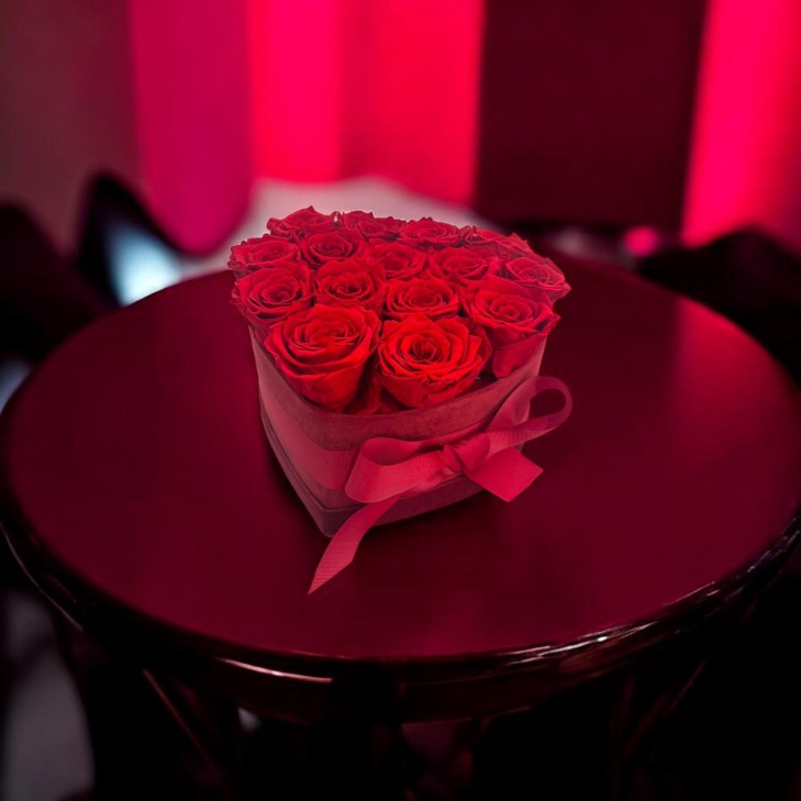 copy of Burgundy Velvet Heart Box with preserved natural red roses