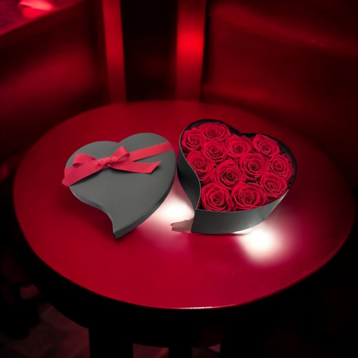 copy of Burgundy Velvet Heart Box with preserved natural red roses