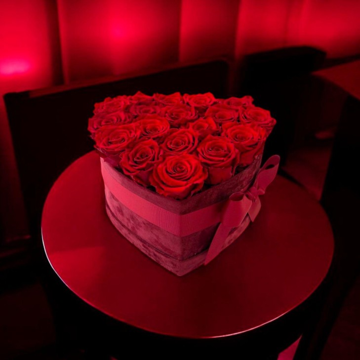 copy of Burgundy Velvet Heart Box with preserved natural red roses