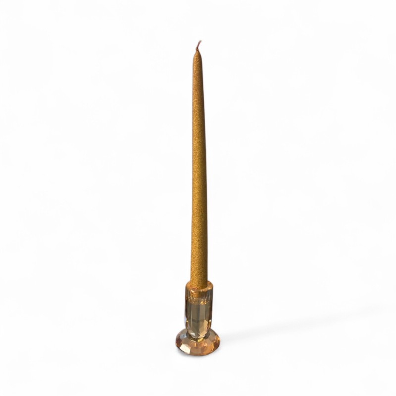 Portacandela in cristallo con candela dorata