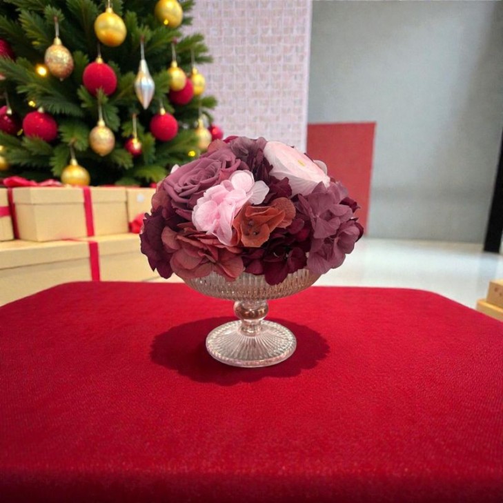 Coppa Vintage vetro color rosso con fiori bordeaux e rosa