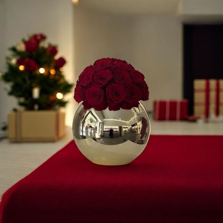 Sfera vetro color oro con rose rosse - 02