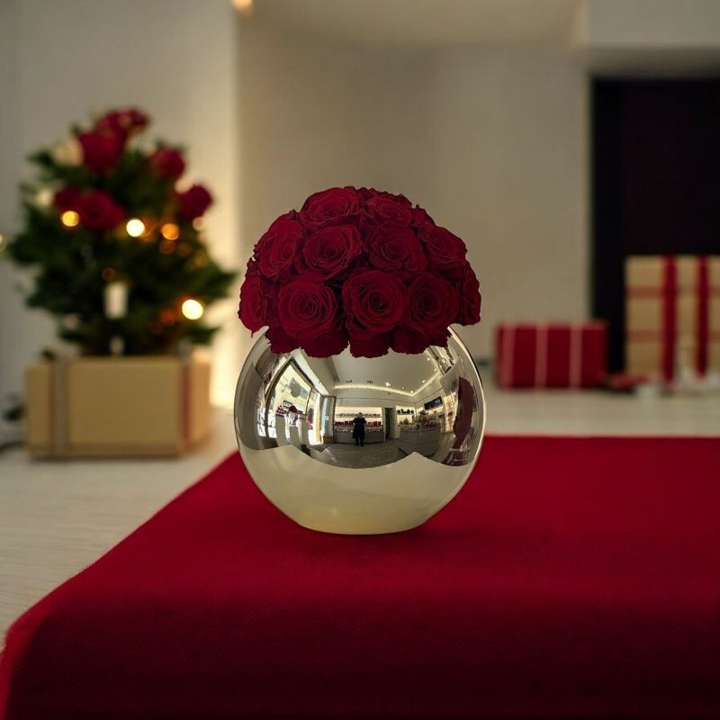 Sfera vetro color oro con rose rosse - 02
