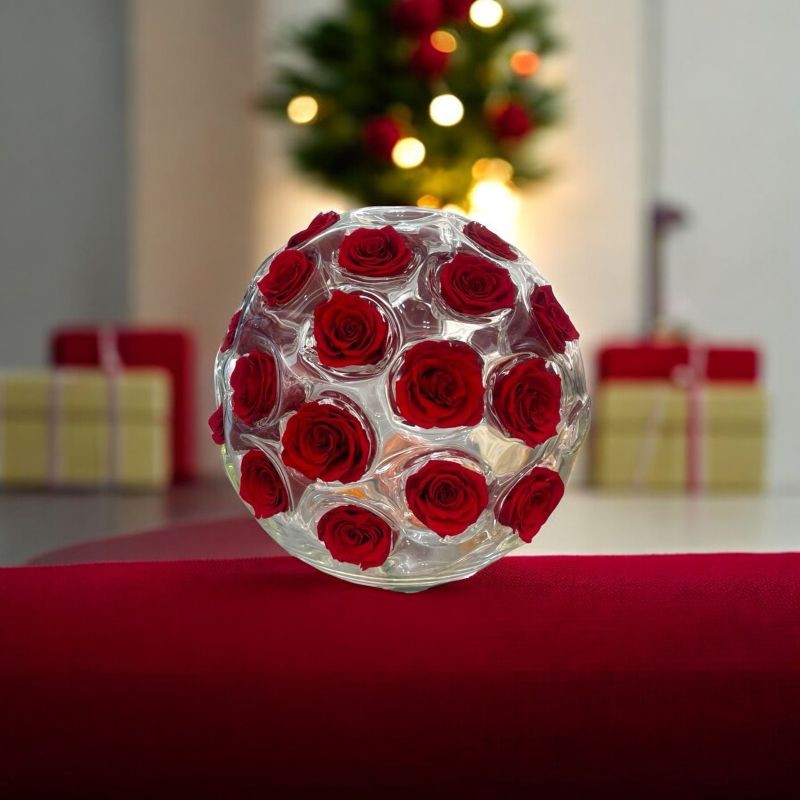 Florae 02 - Sfera in vetro trasparente con rose rosse