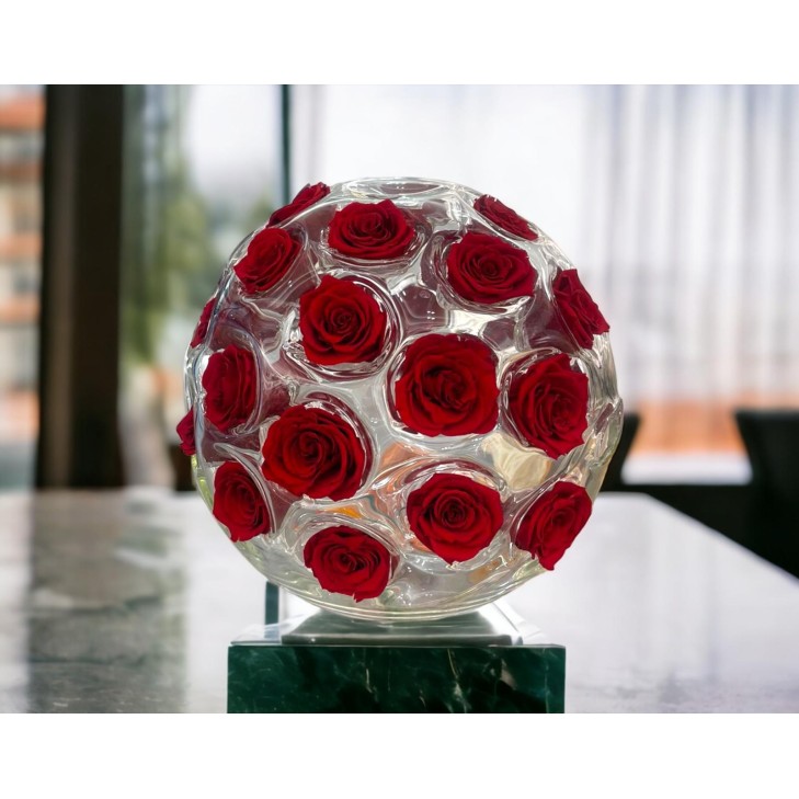 Florae 02 - Sfera in vetro trasparente con rose rosse