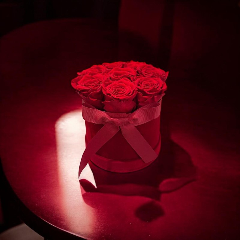 Cappelliera velluto rosso - 6 rose rosse stabilizzate - 01