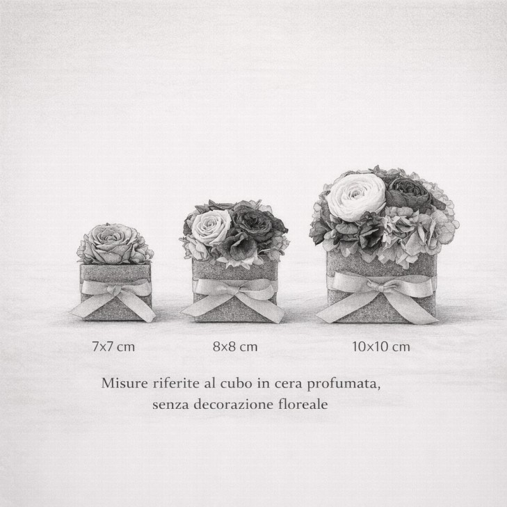 Cubo Cera Profumata Grigio con fiori color bianco e grigio