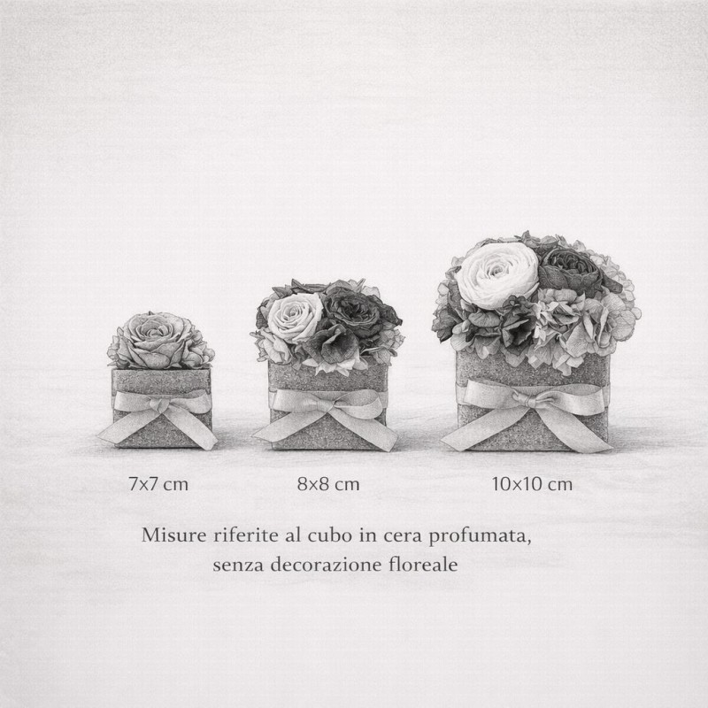 Cubo Cera Profumata Grigio con fiori color bianco e grigio