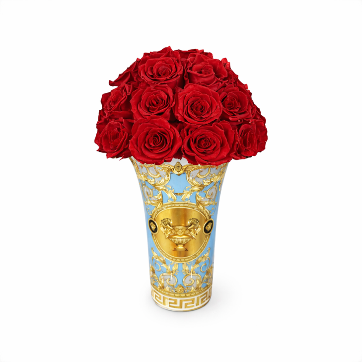 Vaso Prestige Gala Blue 02 - Versace Home - ceramica celeste e oro con rose color rosso o crema