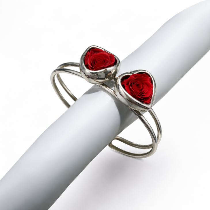 Bracciale rigido doppio binario Cuore in argento con rosa naturale