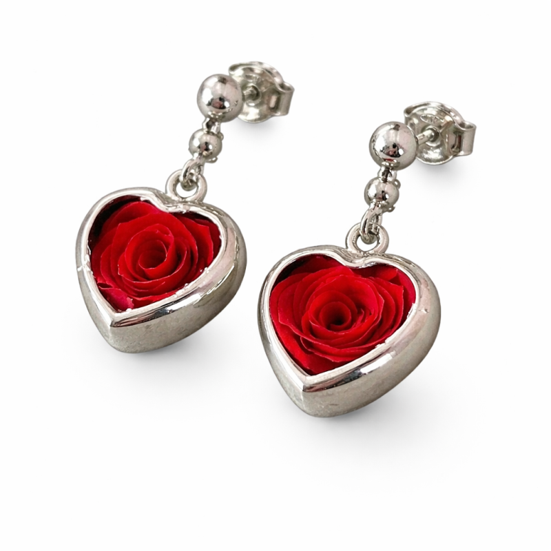 Orecchino pendente Cuore in argento con rosa naturale