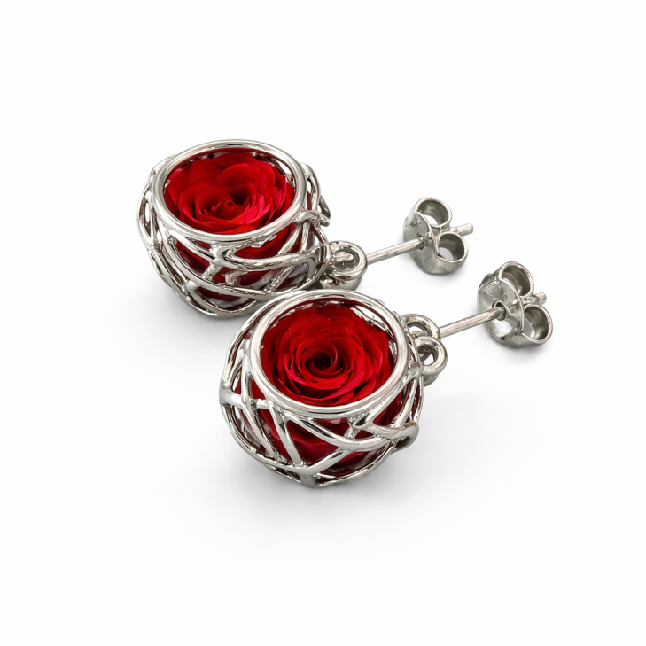 Orecchino pendente Nido in argento con rosa naturale
