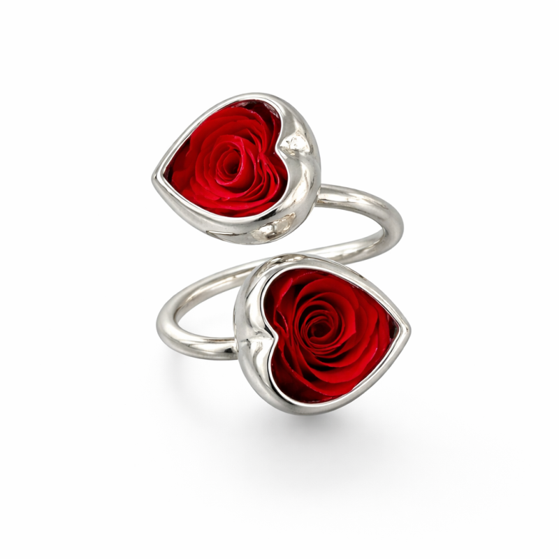 Anello contrariè Cuore in argento con rosa eterna