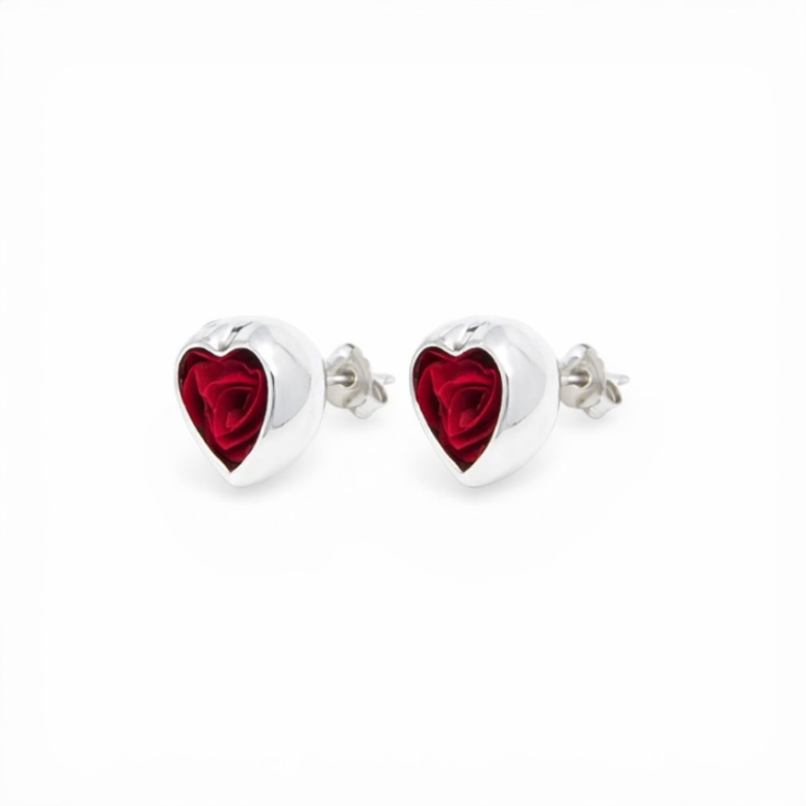Orecchino a perno Cuore in argento con rosa naturale