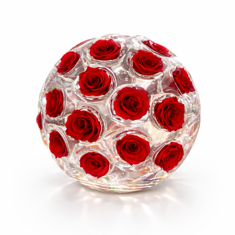 Florae 02 - Sfera Floreale in vetro con 32 rose rosse stabilizzate