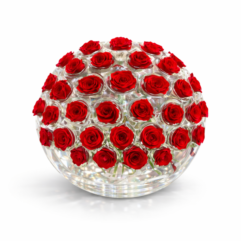 Florae 03 - Sfera Floreale in vetro trasparente con 60 rose rosse stabilizzate