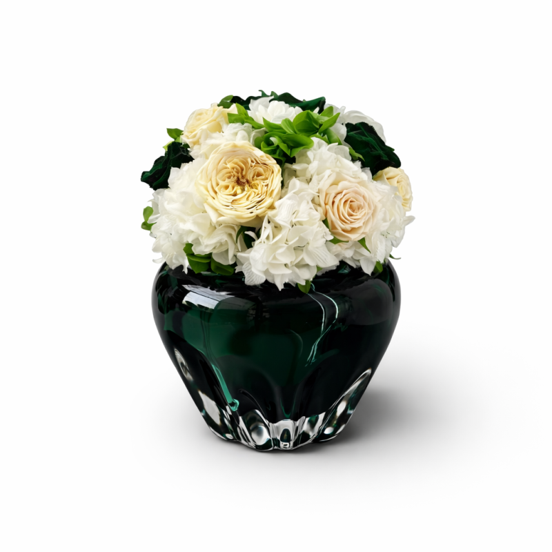 Petite Meduse Verte - Vintage - Vaso vetro color verde con fiori color verde, crema e bianco