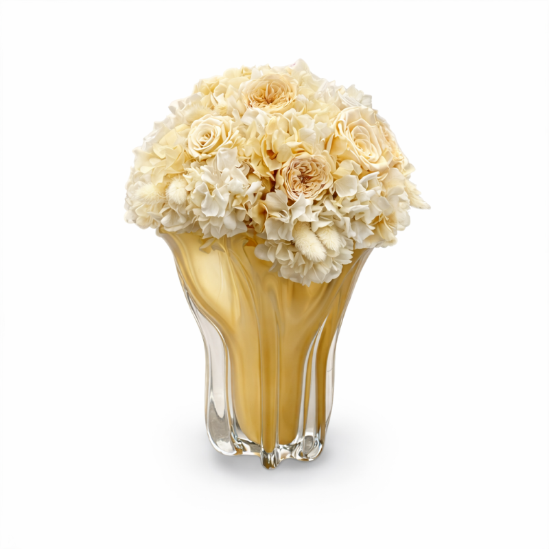 Grande Meduse Ambre - Vintage - Vaso vetro color ambra con fiori color crema e bianco