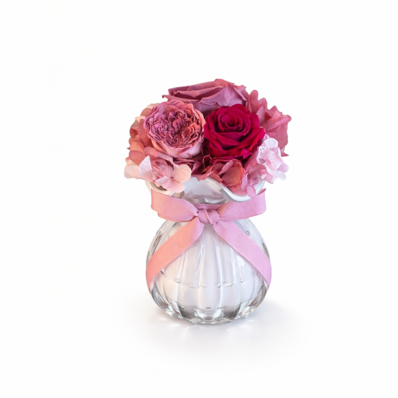 Petit Bouquet Rouge - Vintage -  Vaso vetro color rosa con fiori color bordeaux, rosa e bianchi