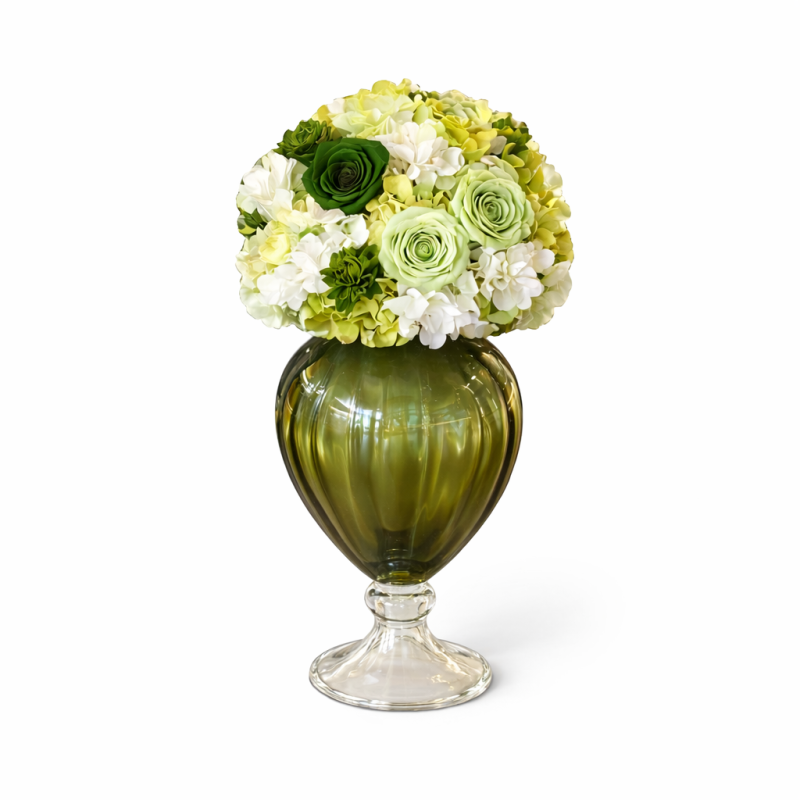 Amphora Verte - Vintage - Vaso vetro color verde con fiori verde, crema e bianco