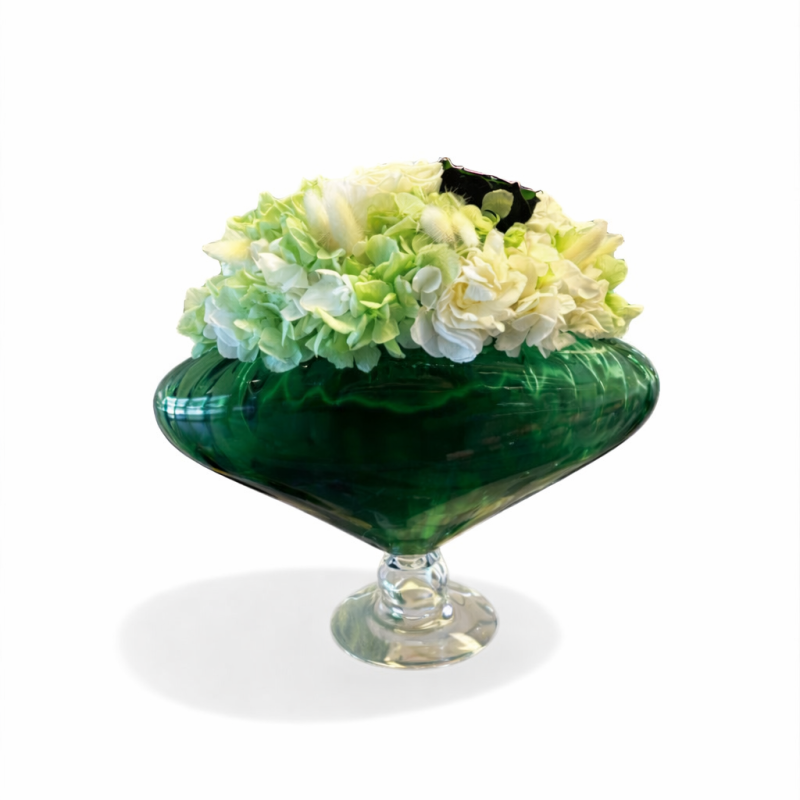 Ellipse Verte - Vintage - Vaso vetro color verde con fiori color verde, crema e bianco