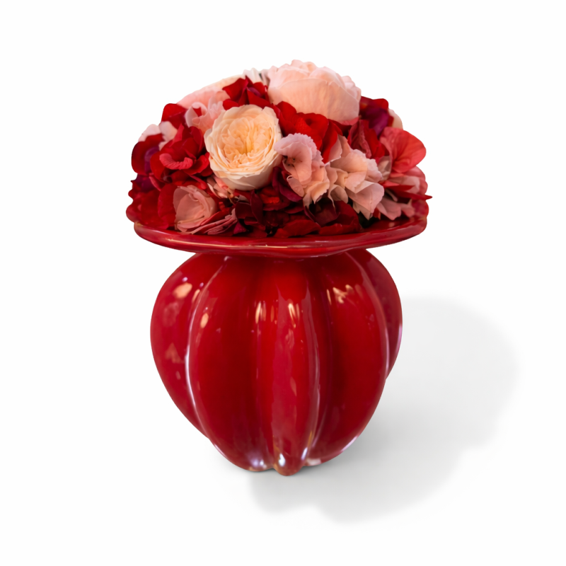 Grand Bouquet - Vintage - Vaso vetro color rosso con fiori color bordeaux, rosa e bianchi